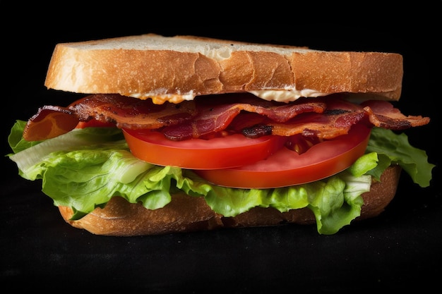 A bacon tomato and lettuce sandwich on a black background generative AI