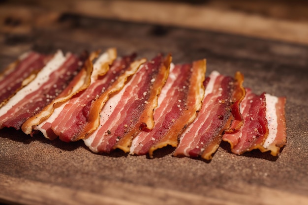 Bacon on a wooden table with the word bacon on it