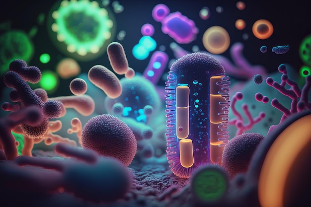 Bacteria cells under microscope background Bacteria disease epidemic Generative Ai