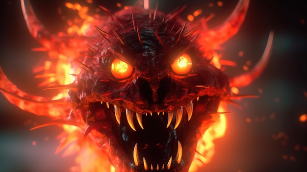 Bad monster with fiery angry face digital art illustration Generative AI