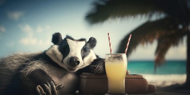 Badger is on summer vacation at seaside resort and relaxing on summer beach