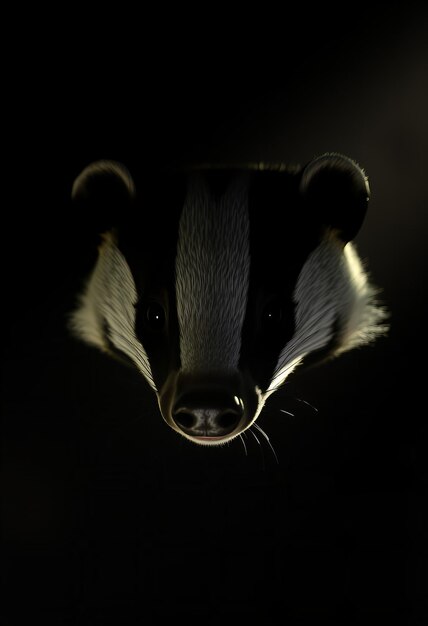 a badger with a striped face is shown in a dark room