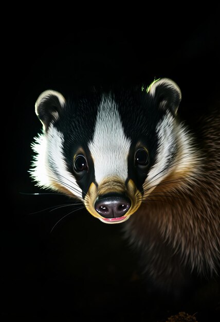 a badger with a white face and a black background