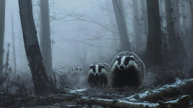 Badgers in a Foggy Forest