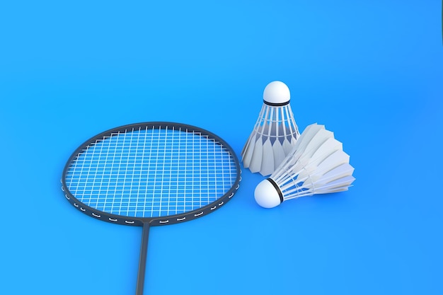 Badminton racket and shuttlecock on blue background 3D render illustration