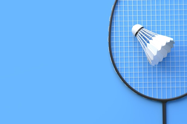 Badminton racket and shuttlecock on blue background Top view 3D render illustration