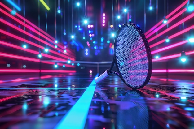 Badminton Scene with Futuristic Technology Enhanced by Neon Colors and Modern Design Elements