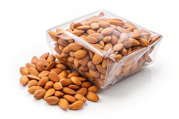 Photo a bag of almonds is open to a clear container