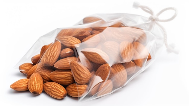 A bag of almonds is on a white background.