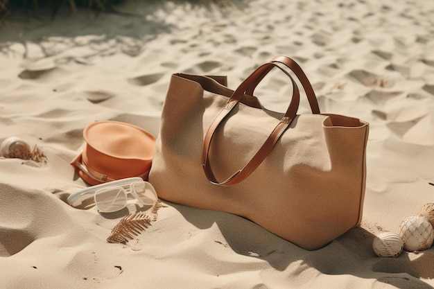 Bag and beach accessories kept on sand