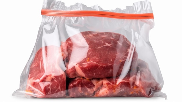 A bag of beef meat sits on a white surface