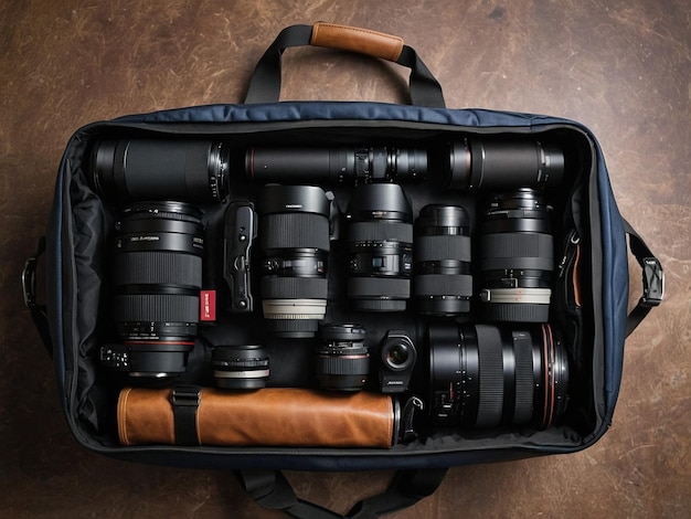 Photo a bag of cameras including one that has a red tag on the front