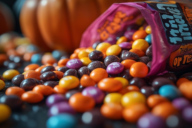 a bag of candy is full of candy including a pumpkin