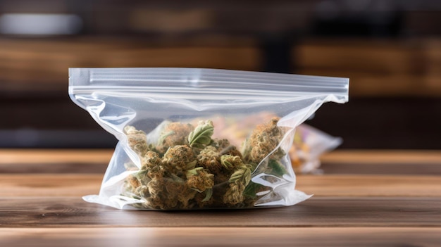 A bag of cannabis sits on a wooden table.