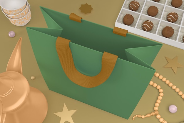 Bag and Chocolate Box Top View In Eid Themed Background