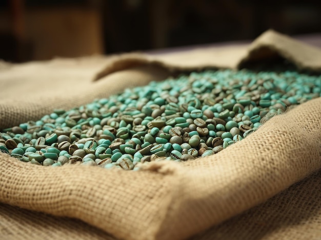 A bag of coffee beans is filled with green seeds.