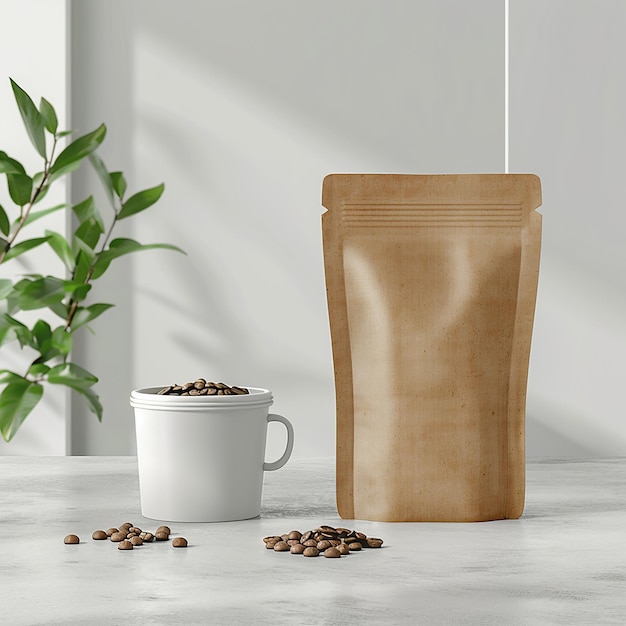 a bag of coffee sits on a table next to a coffee cup