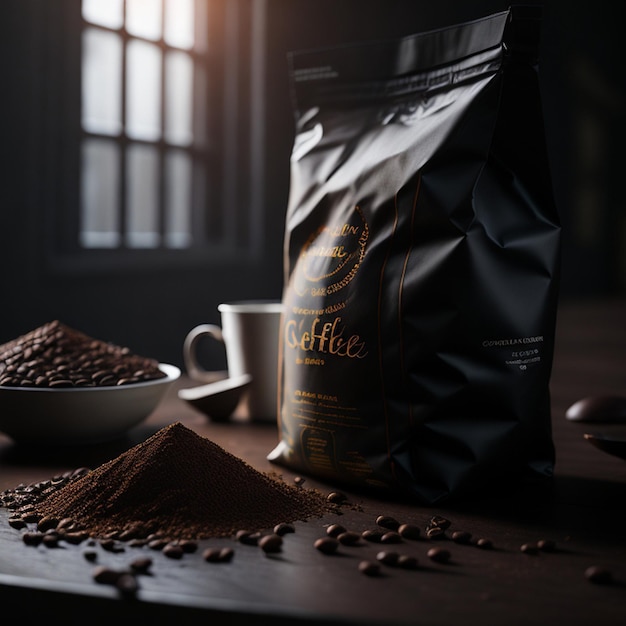 a bag of coffee sits on a table next to a mug of coffee