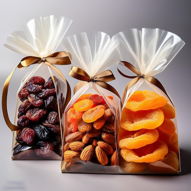 a bag of dried fruit and a bag of kiwi fruit