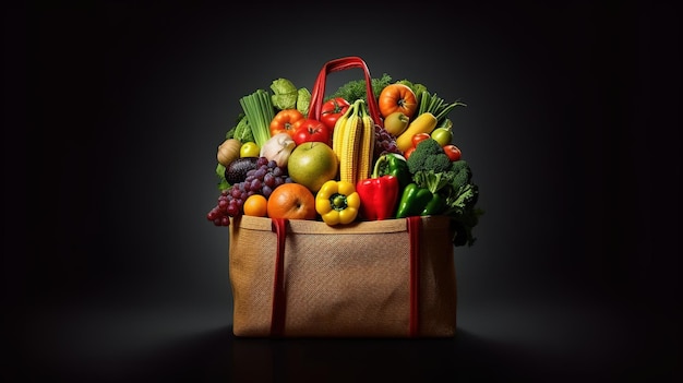 A bag of fresh fruit and vegetables is displayed.