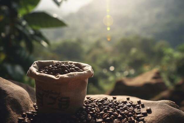 Bag of Fresh Roasted Coffee Beans on Nature Background Created with Generative AI