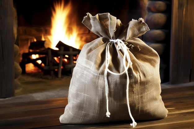 Photo a bag of glowing presents sitting by the fireplace in a warm cozy cabin