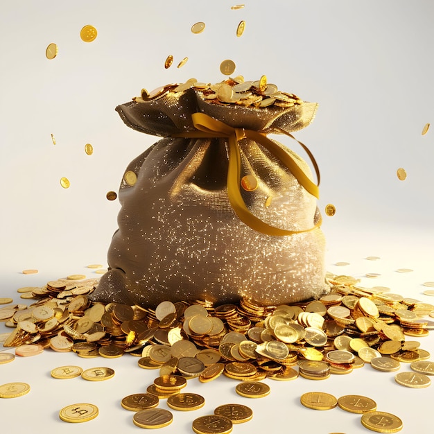 a bag of gold coins with a gold ribbon around it and a gold ribbon around it