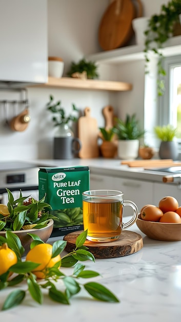 a bag of green tea sits on a cutting board next to a cup of tea