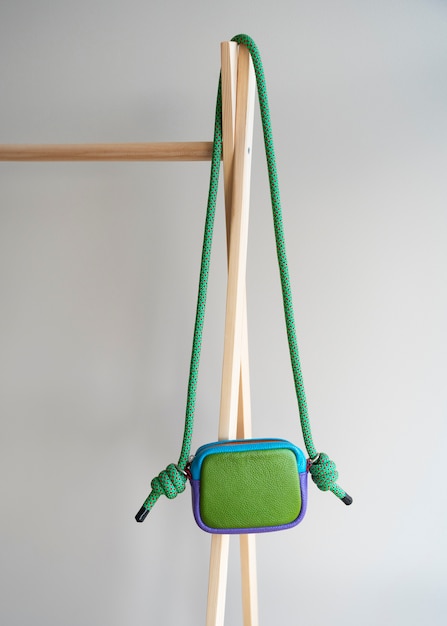 Bag hanging from furniture item indoors