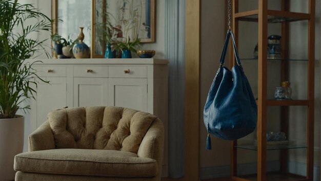 Photo bag hanging from furniture item indoors