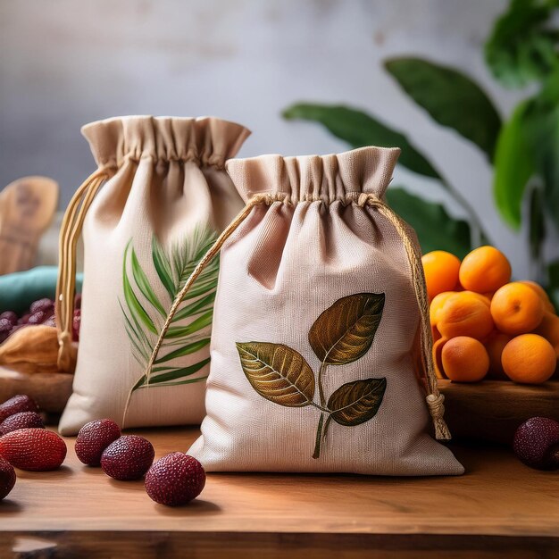 Photo a bag of leaves and flowers on a table with a plant in the background