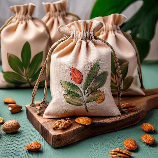 a bag of leaves and flowers on a table with a plant in the background