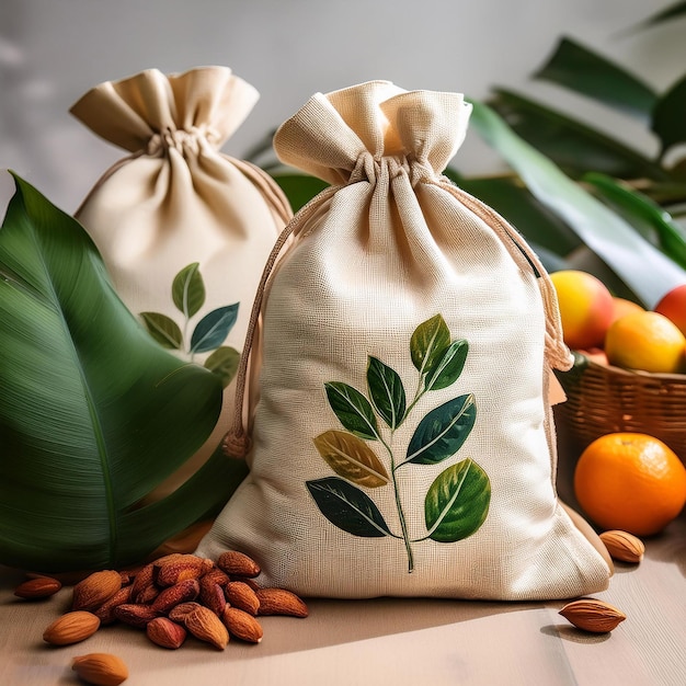 a bag of leaves and flowers on a table with a plant in the background