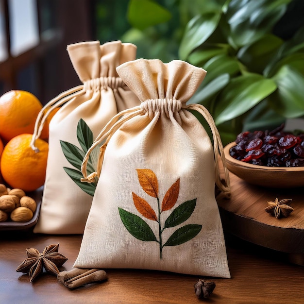 a bag of leaves and flowers on a table with a plant in the background