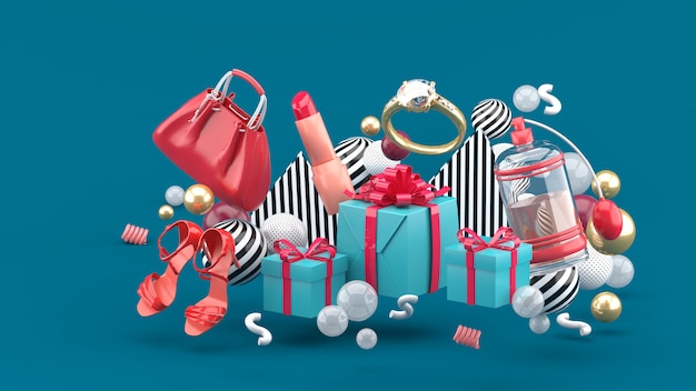 Bag, lipstick, high heels, rings, perfume and gift boxes amid colorful balls on green. 3d rendering.