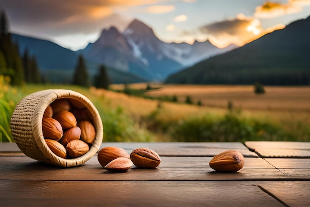 a bag of nuts sits on a table in front of a mountain range.