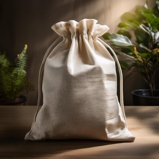 Photo a bag of rice is sitting on a table with plants in the background