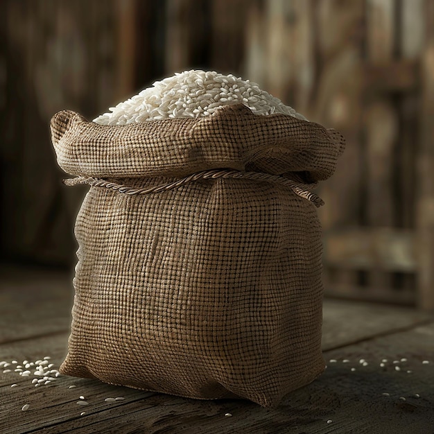 Photo a bag of rice sits on a wooden table