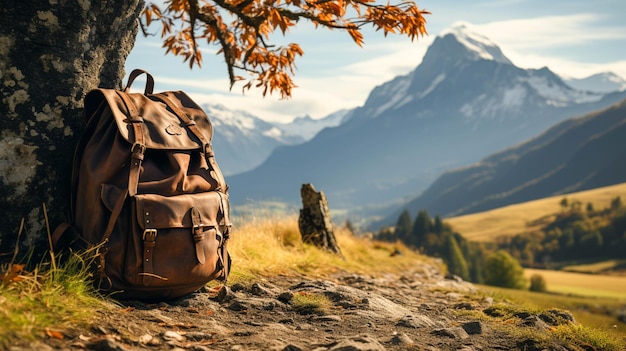 A bag on a road side of tree with mountains in the background