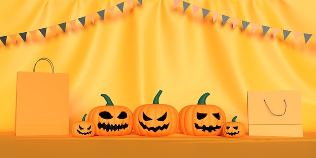 Bag shopping sale flag pumpkin evil ghost lantern fear horror scary on orange background mockup empty symbol happy halloween holiday 31 thirty one october month celebration festival party3d render