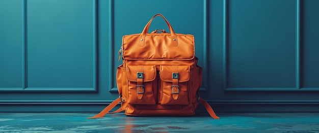 a bag that is orange and has a strap that says quot travel quot