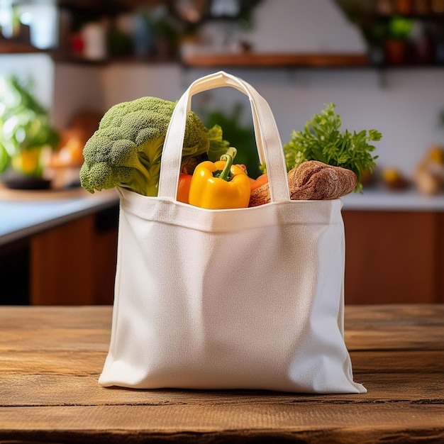 a bag of vegetables and a bell pepper sits on a wooden table