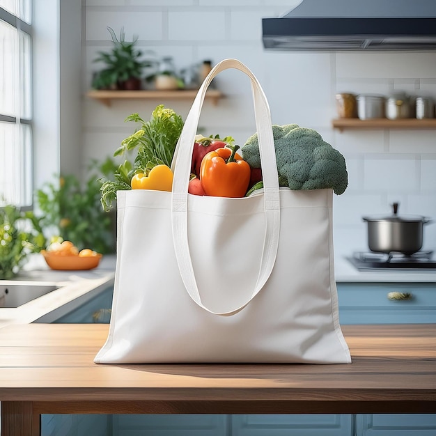 a bag of vegetables and fruits on a table with a bag of vegetables