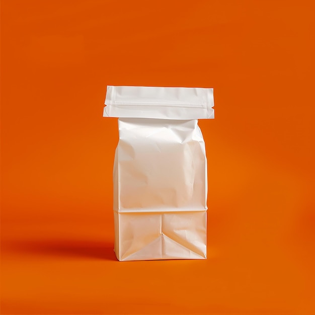 a bag of white flour is on a orange background