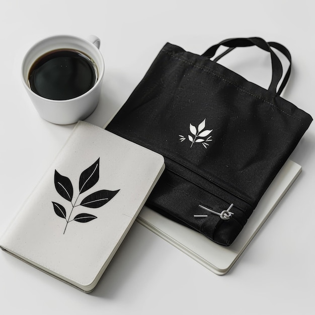 a bag with a black logo and a white coffee cup on it