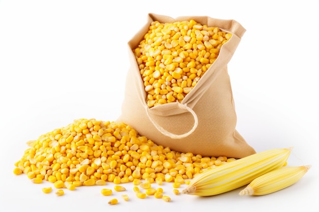 Bag with corn seeds cornmeal and corncobs isolated on white cornmeal corncob isolated corn bag