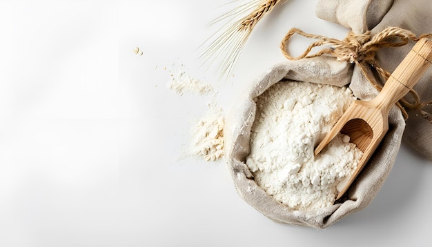 Photo bag with flour and wooden scoop on white background