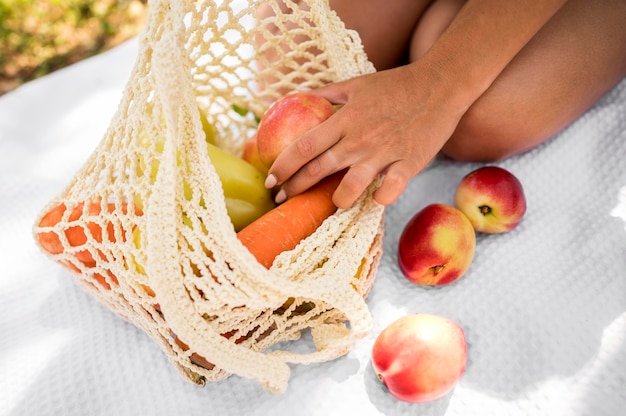 Bag with healthy snacks close-up