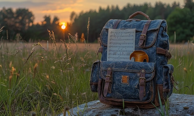 a bag with a note on it sits on a rock in a field