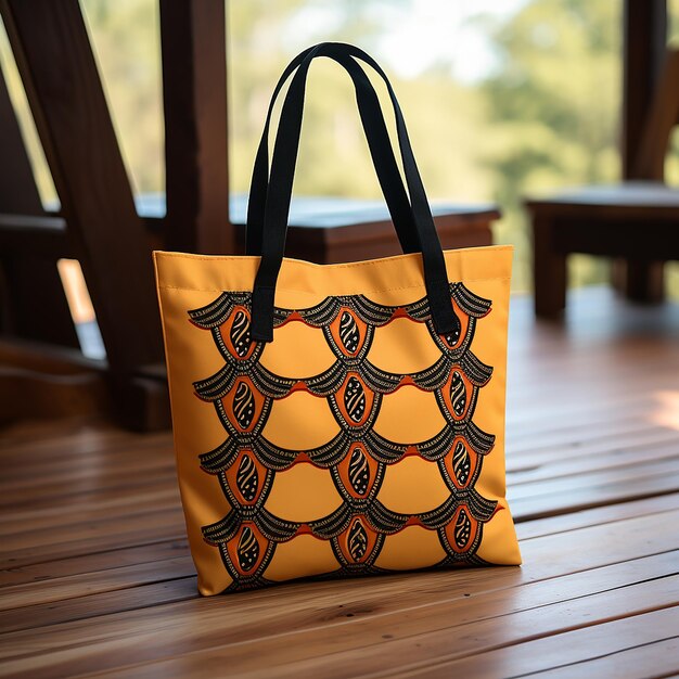 Photo a bag with an orange and black design is on a wooden floor